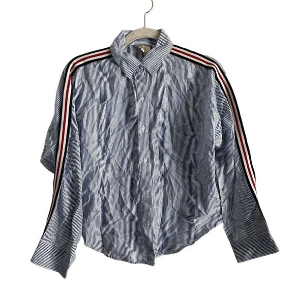 Japna Women’s SZ S Blue w/White Stripes Striped Long Sleeve Button Up Blouse NWT - Picture 1 of 8